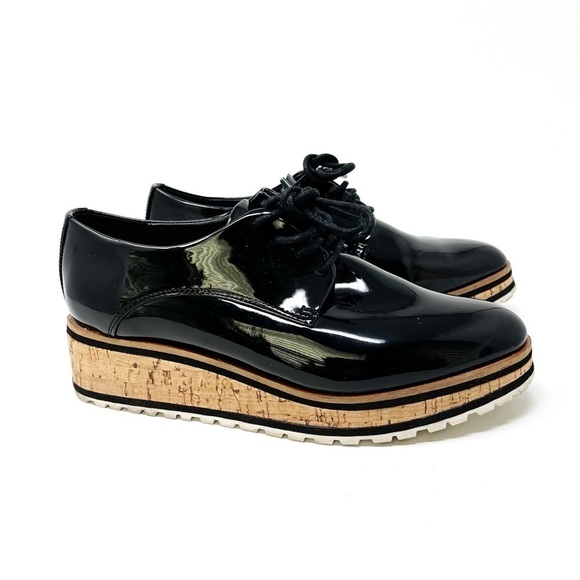 Aldo Striped Platform Black Patent Polyurethane Oxford Lace Up Almond Toe Size 7 - Picture 3 of 9